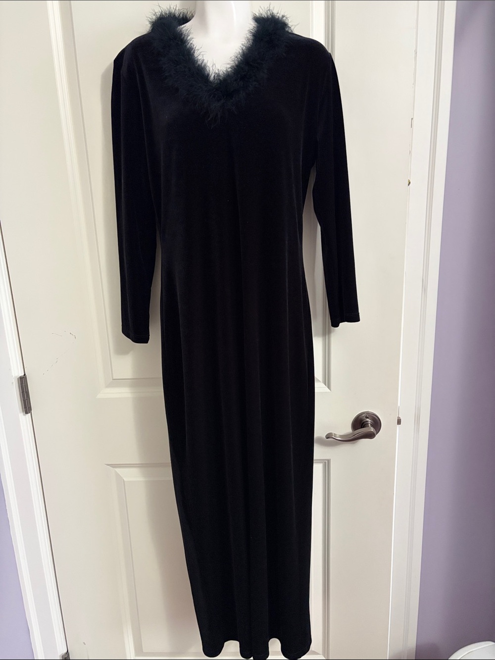Black Velvet Long Dress with Feather-Trim V-Neck